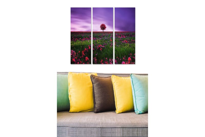 Puinen canvastaulu, 3 osaa, 50x70 cm - Yksinäinen vaaleanpunainen puu kukkivalla niityllä violetin taivaan alla, Violetti / Vaaleanpunainen / Vihreä