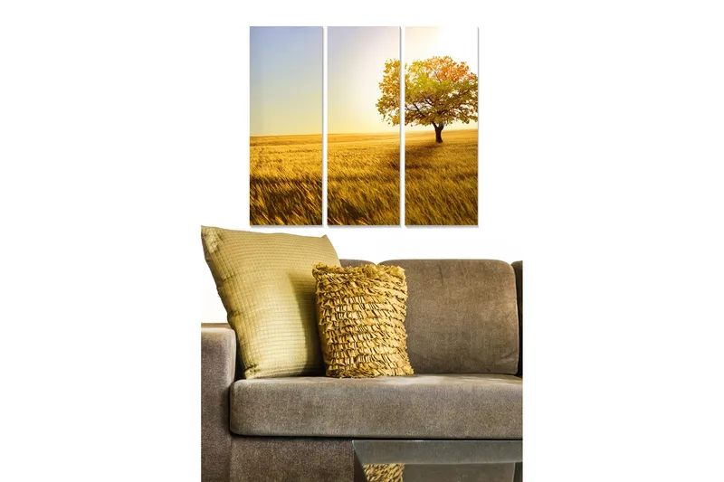 Puinen canvastaulu, 3 osaa, 50x70 cm - Yksinäinen puu kultaisilla niityillä kirkkaan taivaan alla, Kulta / Vihreä / Sininen