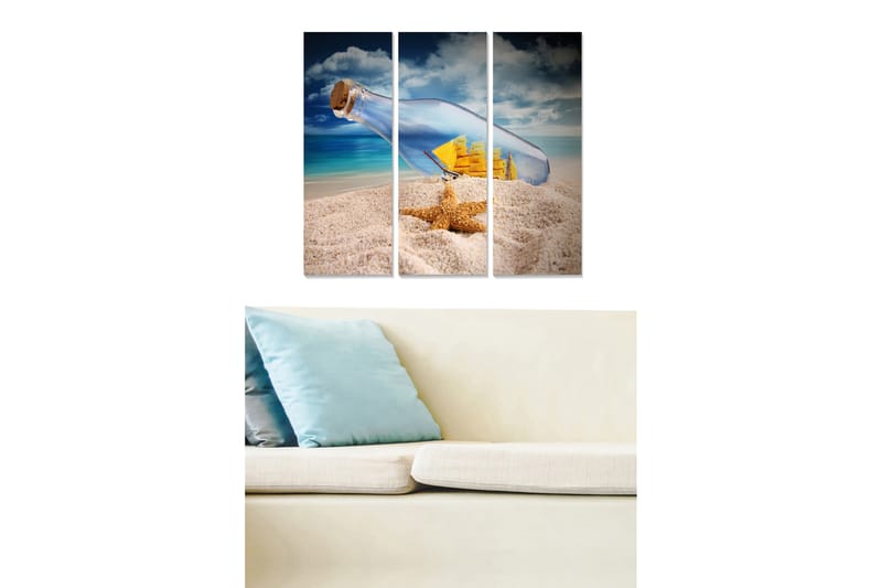Puinen canvastaulu, 3 osaa, 50x70 cm - Pullo ja purjelaiva hiekkarannalla, Sininen / Beige / Keltainen