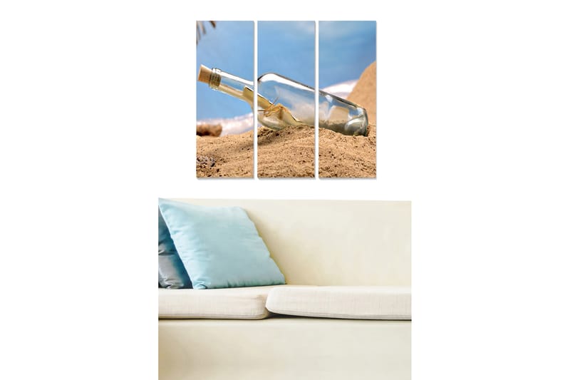 Puinen canvastaulu, 3 osaa, 50x70 cm - Pullo, jonka viesti on haudattu hiekkaan, Sininen / Beige / Läpinäkyvä