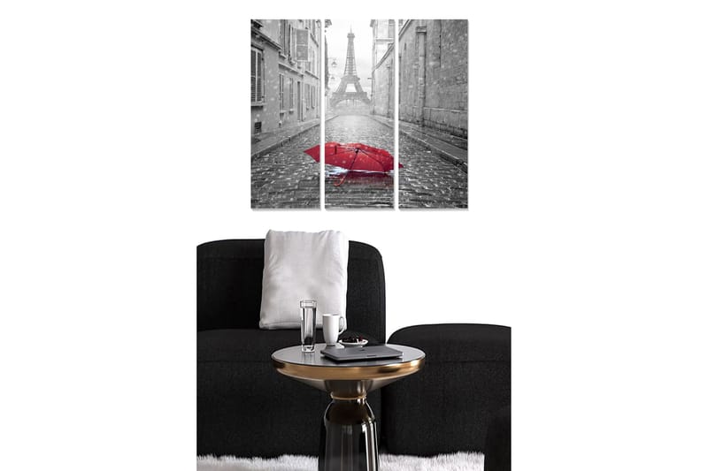 Puinen canvastaulu, 3 osaa, 50x70 cm - Punainen sateenvarjo sateisella kadulla, taustalla Eiffel-torni, Punainen / Harmaa