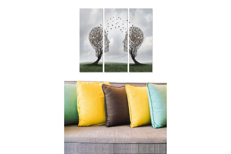 Puinen canvastaulu, 3 osaa, 50x70 cm - Puiden muotoilemat kasvojen siluetit ja niiden välistä lentävät linnut, Vihreä / Ruskea / Harmaa