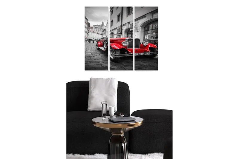 Puinen canvastaulu, 3 osaa, 50x70 cm - Punainen klassikkoauto vanhan kaupungin kadulla, Punainen / Musta / Harmaa
