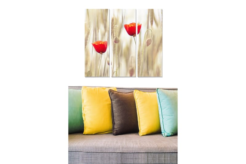 Puinen canvastaulu, 3 osaa, 50x70 cm - Punaisia unikkoja pehmeän keltaisessa ja beigessä maisemassa, Punainen / Keltainen / Beige
