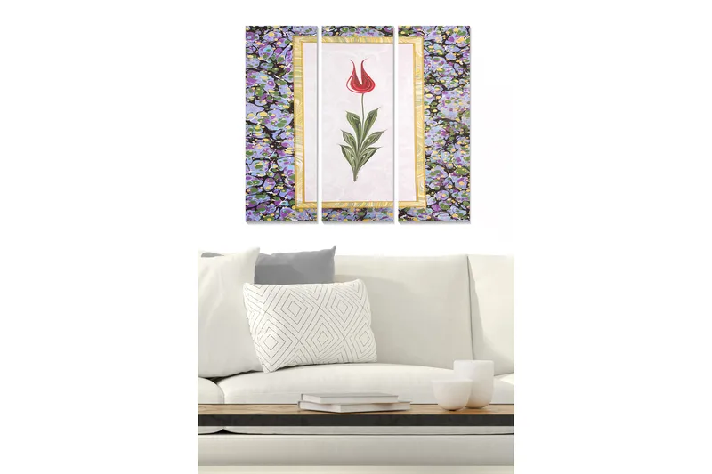 Puinen canvastaulu, 3 osaa, 50x70 cm - Punainen tulppaani, jota ympäröivät violetit kukat, Punainen / Violetti / Vihreä