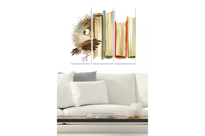 Puinen canvastaulu, 3 osaa, 50x70 cm - Pöllö kurkistaa kirjojen takaa, Ruskea / Keltainen / Punainen