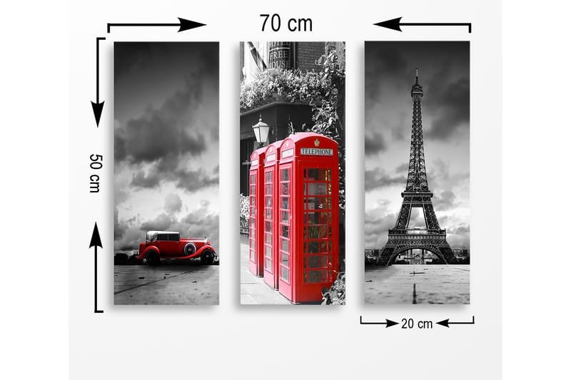 Puinen canvastaulu, 3 osaa, 50x70 cm - Punainen puhelinkoppi, taustalla ikonisia maamerkkejä - Punainen / Musta / Harmaa - Sisustustuotteet - Taulu & taide - Canvas-taulu