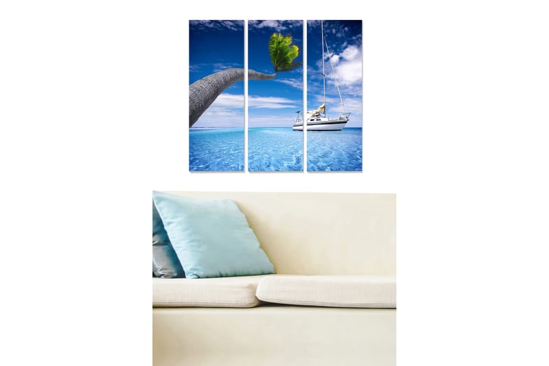 Puinen canvastaulu, 3 osaa, 50x70 cm - Purjevene kirkkaan sinisellä merellä ja palmu kurottelee veden ylle, Sininen / Vihreä / Valkoinen