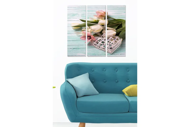 Puinen canvastaulu, 3 osaa, 50x70 cm - Pastellivärinen tulppaanikimppu koristeellisella sydämellä, Vaaleanpunainen / Valkoinen / Vihreä