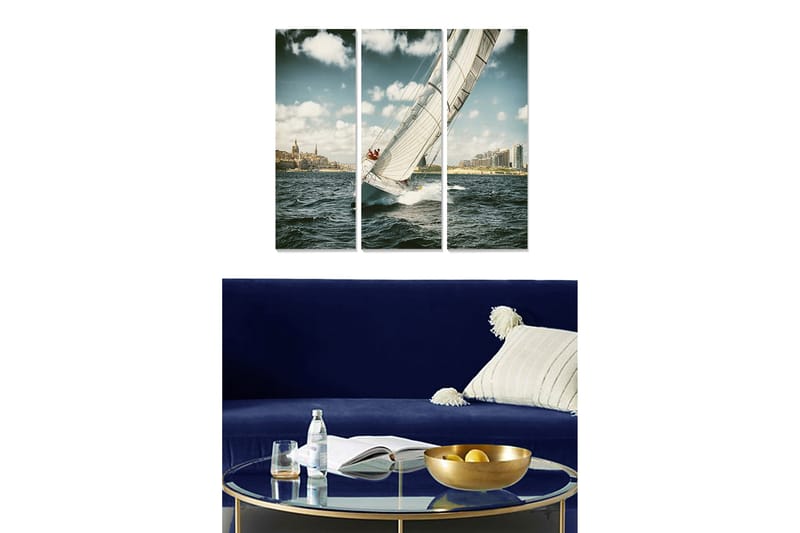 Puinen canvastaulu, 3 osaa, 50x70 cm - Purjevene navigoi aaltojen läpi kaupunkiympäristössä, Sininen / Valkoinen / Beige