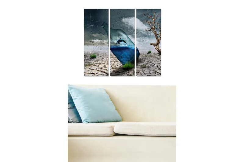 Puinen canvastaulu, 3 osaa, 50x70 cm - Pullo delfiinin kanssa surrealistisessa aavikkomaisemassa, Sininen / Harmaa / Ruskea