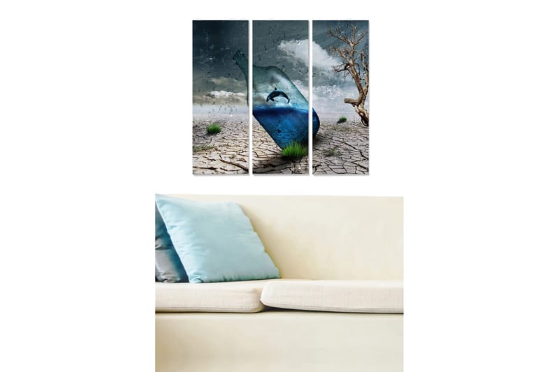 Puinen canvastaulu, 3 osaa, 50x70 cm - Pullo delfiinin kanssa surrealistisessa aavikkomaisemassa, Sininen / Harmaa / Ruskea