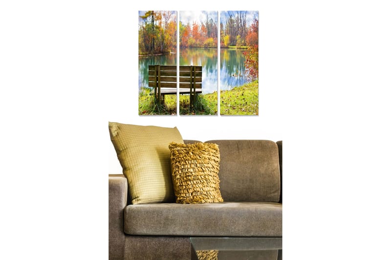 Puinen canvastaulu, 3 osaa, 50x70 cm - Penkki peilimäisen järven rannalla syksyn väreissä, Vihreä / Oranssi / Sininen