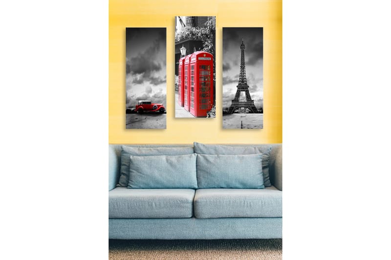 Puinen canvastaulu, 3 osaa, 50x70 cm - Punainen puhelinkoppi, taustalla ikonisia maamerkkejä, Punainen / Musta / Harmaa