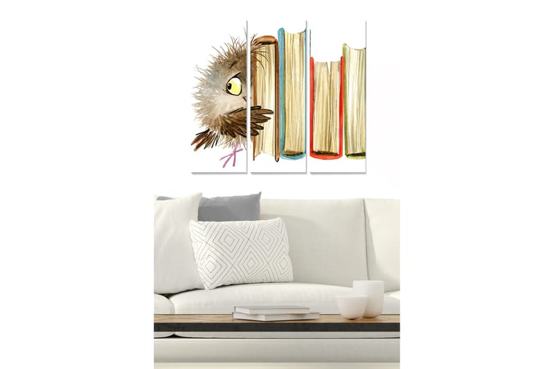 Puinen canvastaulu, 3 osaa, 50x70 cm - Pöllö kurkistaa kirjojen takaa, Ruskea / Keltainen / Punainen