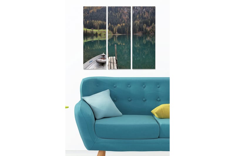 Puinen canvastaulu, 3 osaa, 50x70 cm - Peilimäinen järvimaisema ja vene laiturilla, Turkoosi / Vihreä / Ruskea
