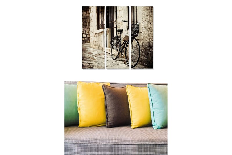 Puinen canvastaulu, 3 osaa, 50x70 cm - Polkupyörä nojaa vanhaan kivimuuriin viehättävällä kujalla, Musta / Beige / Harmaa