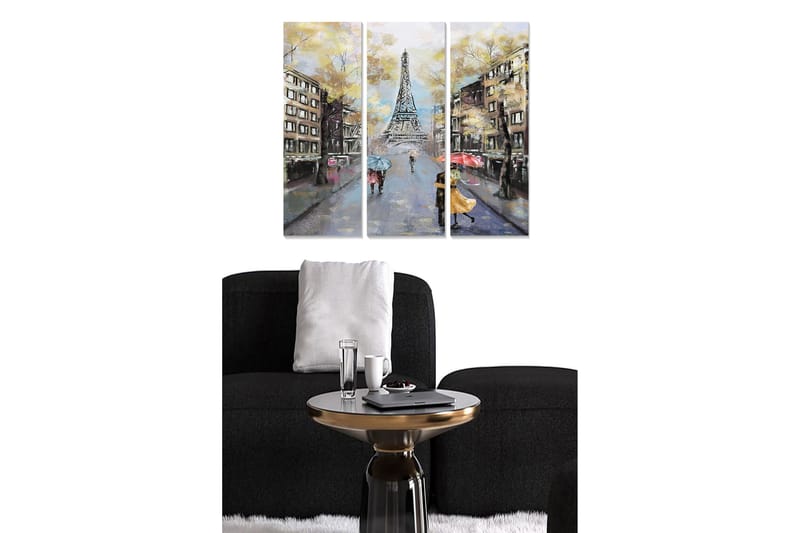 Puinen canvastaulu, 3 osaa, 50x70 cm - Pariisilainen katu, taustalla Eiffel-torni ja ihmisiä sateenvarjojen kanssa, Keltainen / Harmaa / Punainen