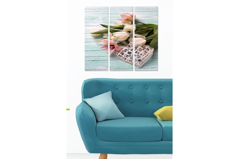 Puinen canvastaulu, 3 osaa, 50x70 cm - Pastellivärinen tulppaanikimppu koristeellisella sydämellä, Vaaleanpunainen / Valkoinen / Vihreä