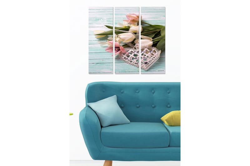 Puinen canvastaulu, 3 osaa, 50x70 cm - Pastellivärinen tulppaanikimppu koristeellisella sydämellä, Vaaleanpunainen / Valkoinen / Vihreä