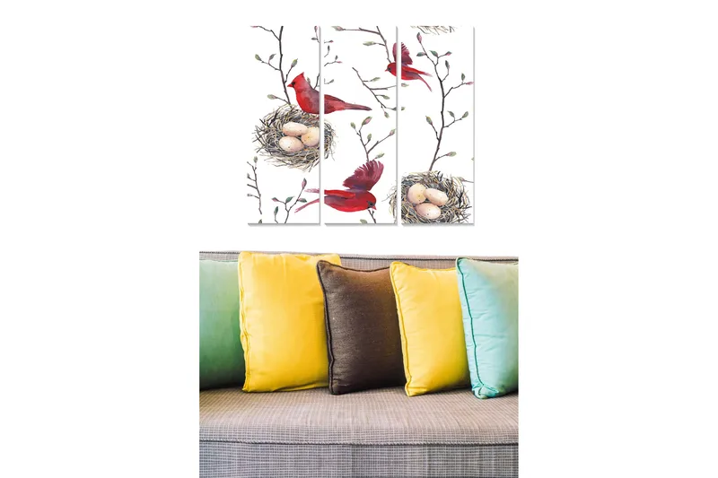 Puinen canvastaulu, 3 osaa, 50x70 cm - Punainen lintu oksalla, munia pesässä, Punainen / Beige / Vihreä