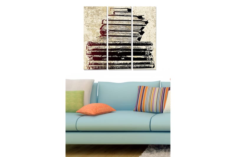 Puinen canvastaulu, 3 osaa, 50x70 cm - Pino vanhoja kirjoja mustavalkoisena, Musta / Beige