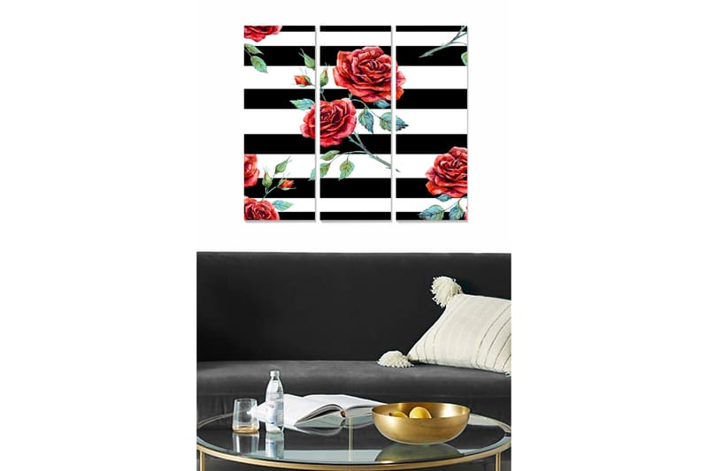 Puinen canvastaulu, 3 osaa, 50x70 cm - Punaisia ruusuja mustavalkoisia raitoja vasten, Punainen / Vihreä / Musta