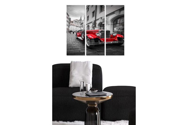 Puinen canvastaulu, 3 osaa, 50x70 cm - Punainen klassikkoauto vanhan kaupungin kadulla, Punainen / Musta / Harmaa