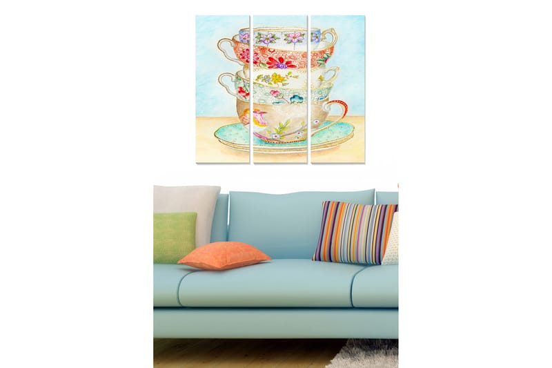 Puinen canvastaulu, 3 osaa, 50x70 cm - Pinotut teekupit kukkakuviolla, Vaaleansininen / Punainen / Vihreä