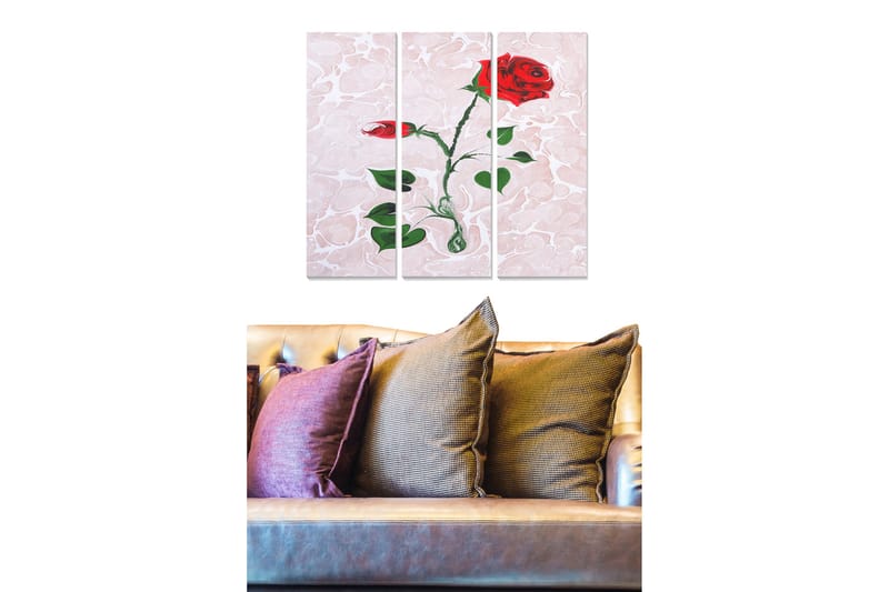 Puinen canvastaulu, 3 osaa, 50x70 cm - Punainen ruusu vihreillä lehdillä vaalealla taustalla, Punainen / Vihreä / Vaaleanpunainen