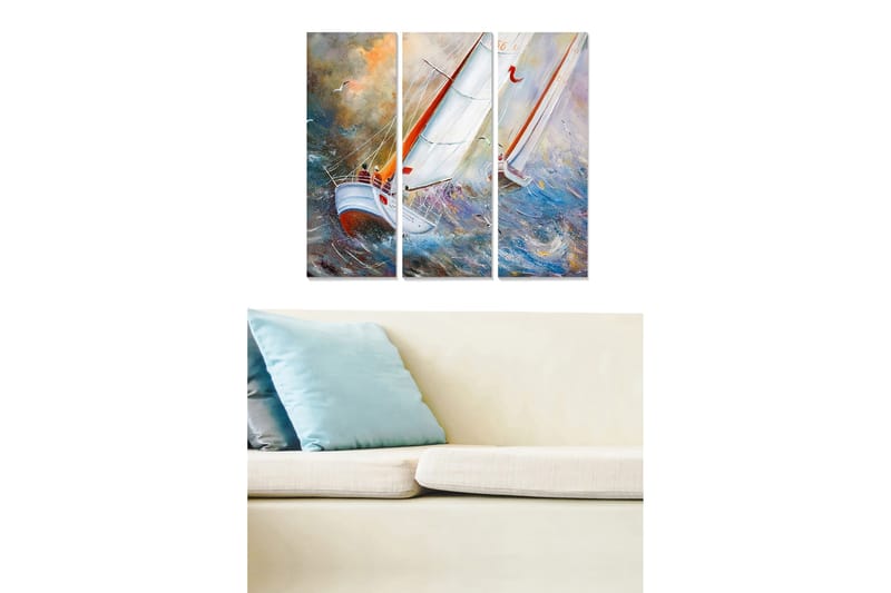 Puinen canvastaulu, 3 osaa, 50x70 cm - Purjevene navigoi myrskyisillä vesillä, Sininen / Valkoinen / Oranssi