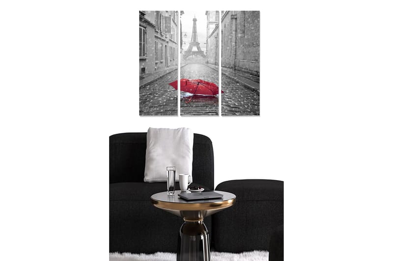 Puinen canvastaulu, 3 osaa, 50x70 cm - Punainen sateenvarjo sateisella kadulla, taustalla Eiffel-torni, Punainen / Harmaa