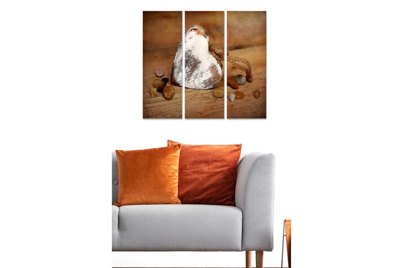 Puinen canvastaulu, 3 osaa, 50x70 cm - Puinen sydän lämpimin sävyisillä kivillä, Ruskea / Beige / Oranssi