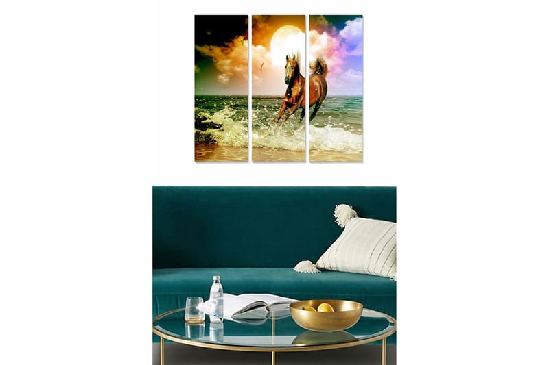 Puinen canvastaulu, 3-osainen, 50x70 cm - Hevonen laukkaa aaltojen läpi auringonlaskun aikaan, Ruskea / Sininen / Keltainen