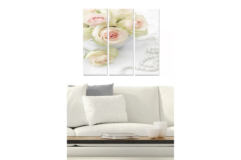 Puinen canvastaulu, 3-osainen, 50x70 cm - Ihana vaaleanpunaisten ruusujen kimppu valkoisessa kulhossa, Vaaleanpunainen / Valkoinen / Vihreä
