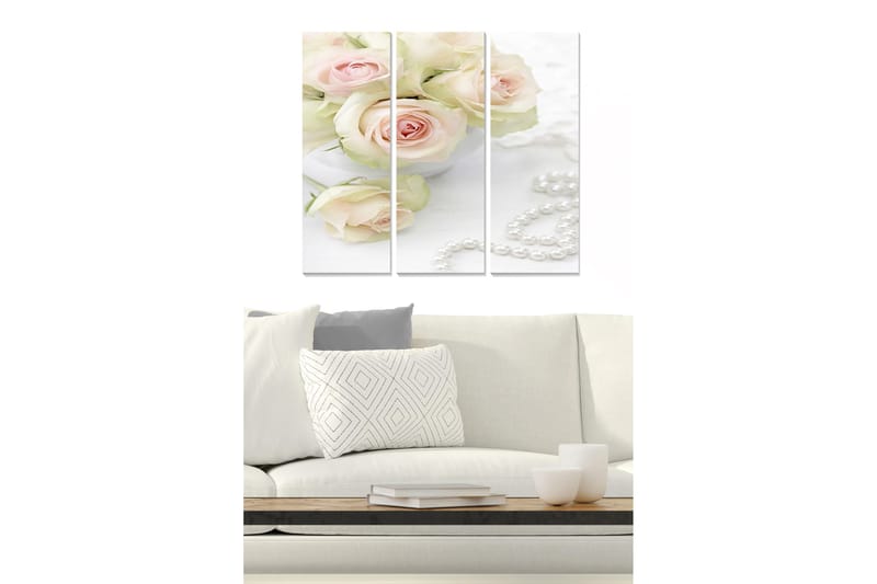 Puinen canvastaulu, 3-osainen, 50x70 cm - Ihana vaaleanpunaisten ruusujen kimppu valkoisessa kulhossa, Vaaleanpunainen / Valkoinen / Vihreä