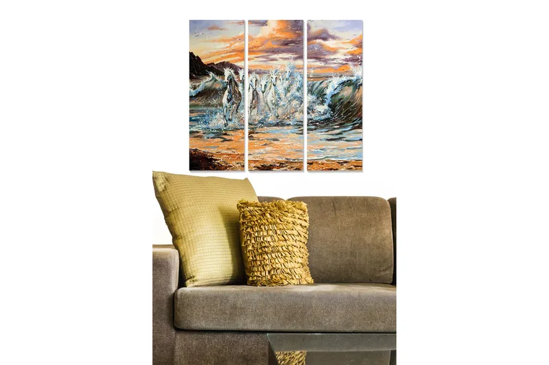 Puinen canvastaulu, 3-osainen, 50x70 cm - Kimaltelevat hevoset laukkaamassa aaltojen läpi, Sininen / Valkoinen / Oranssi