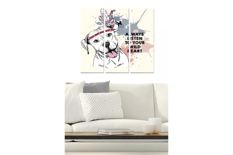 Puinen canvastaulu, 3-osainen, 50x70 cm - Koira höyhenpäähineellä ja värikkäillä suihkeilla, Harmaa / Vaaleanpunainen / Punainen