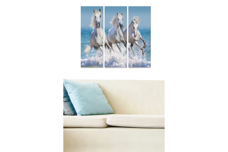 Puinen canvastaulu, 3-osainen, 50x70 cm - Kolme valkoista hevosta laukkaamassa veden läpi, Valkoinen / Sininen / Turkoosi