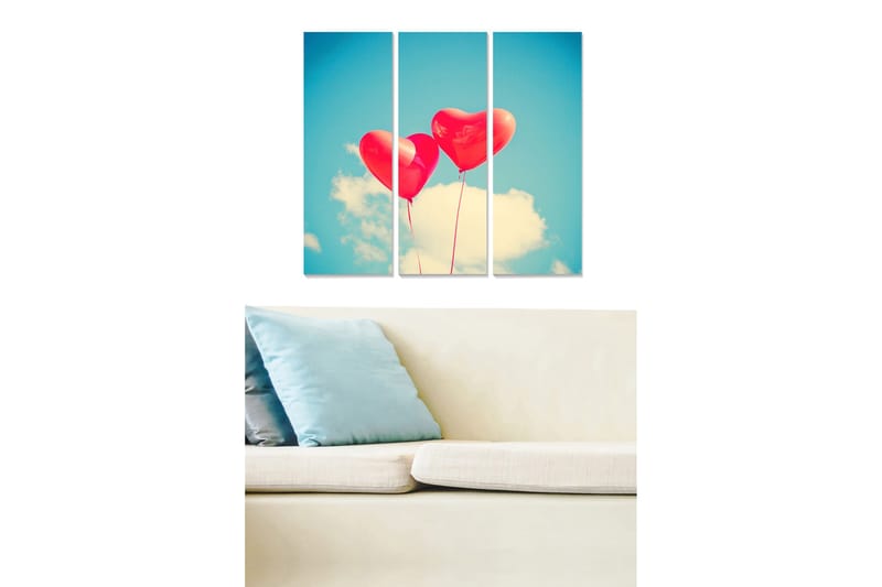 Puinen canvastaulu, 3-osainen, 50x70 cm - Kolme punaista sydämenmuotoista ilmapalloa kirkasta sinistä taivasta vasten, Punainen / Sininen