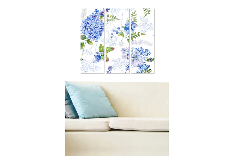 Puinen canvastaulu, 3-osainen, 50x70 cm - Kukka-asetelma sinisillä hortensioilla ja vihreillä lehdillä, Sininen / Vihreä