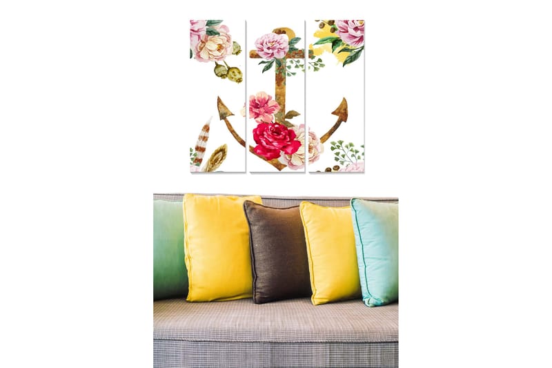 Puinen canvastaulu, 3-osainen, 50x70 cm - Kukkaisankkuri värikkäillä kukilla ja vihreillä lehdillä, Vaaleanpunainen / Vihreä / Keltainen