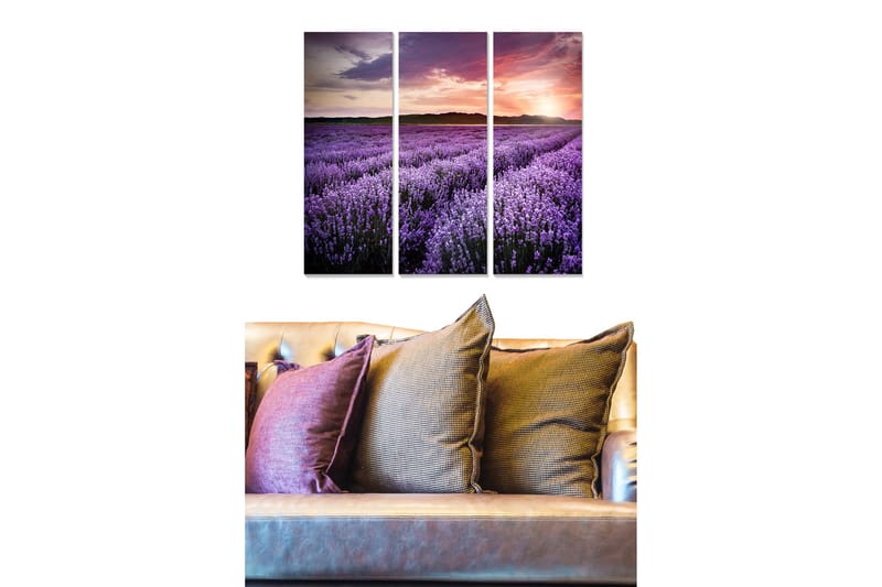 Puinen canvastaulu, 3-osainen, 50x70 cm - Laventelipellot värikkään auringonlaskun alla, Violetti / Vaaleanpunainen / Vihreä