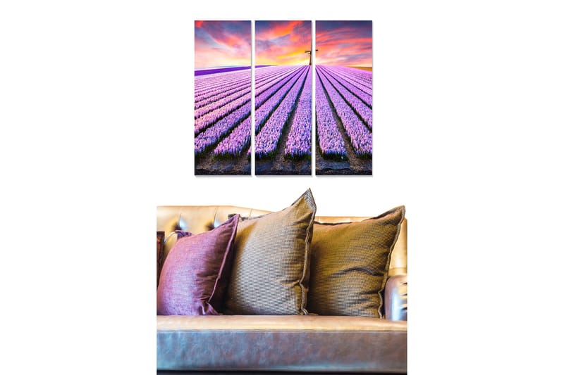 Puinen canvastaulu, 3-osainen, 50x70 cm - Laventelipellot värikkään taivaan alla, Violetti / Vihreä / Oranssi
