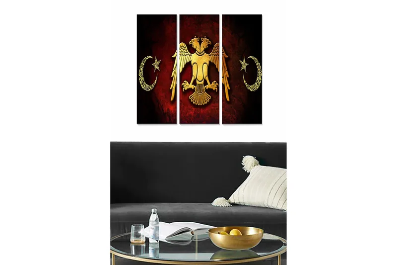 Puinen canvastaulu, 3-osainen, 50x70 cm - Maakotka tähdillä ja puolikuuilla punaisella taustalla, Kulta / Punainen / Musta