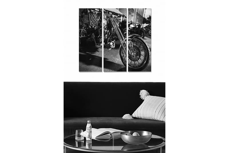 Puinen canvastaulu, 3-osainen, 50x70 cm - Mustavalkoinen moottoripyörä yksityiskohtaisella vanteella ja renkaalla, Musta / Valkoinen / Harmaa