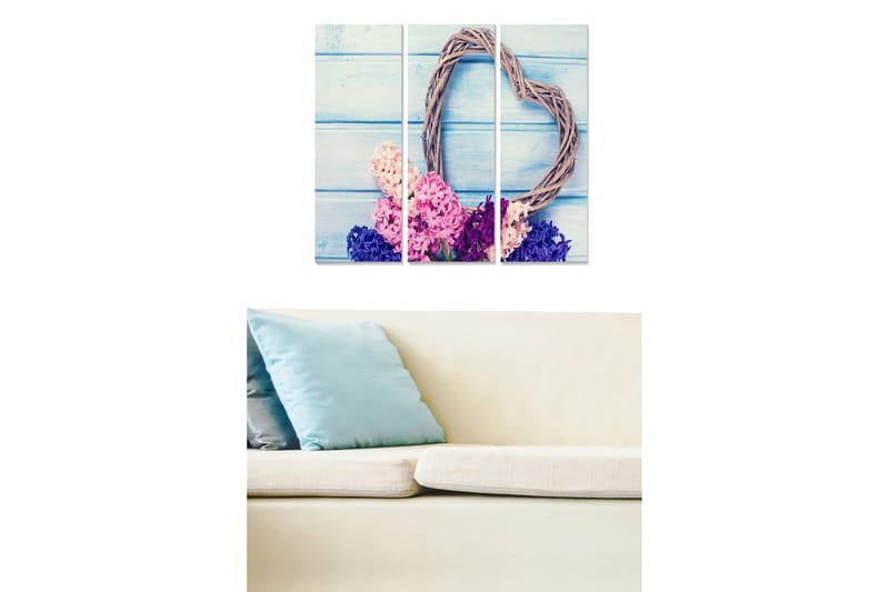 Puinen canvastaulu, 3-osainen, 50x70 cm - Sydämenmuotoinen oksien seppele värikkäillä kukilla vaaleanpunaisissa ja violeteissa sävyissä, Vaaleanpunainen / Violetti / Sininen