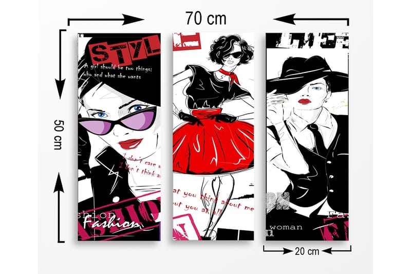 Puinen canvastaulu, 3-osainen, 50x70 cm - Tyylikkäät naiset muodissa värikkäillä yksityiskohdilla - Punainen / Musta / Valkoinen - Sisustustuotteet - Taulu & taide - Canvas-taulu