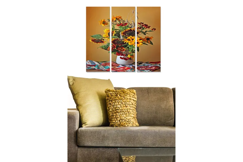 Puinen canvastaulu, 3-osainen, 50x70 cm - Värikäs auringonkukkien ja marjojen kimppu maljakossa, Keltainen / Vihreä / Punainen