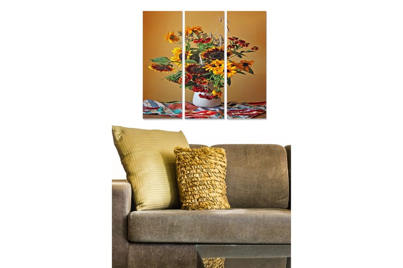 Puinen canvastaulu, 3-osainen, 50x70 cm - Värikäs auringonkukkien ja marjojen kimppu maljakossa, Keltainen / Vihreä / Punainen